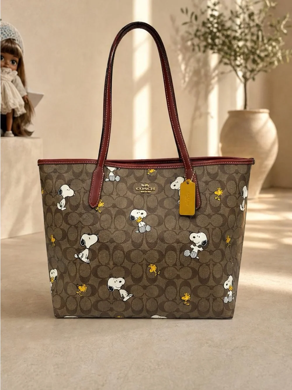Coach Brown Signature Snoopy Tote with Burgundy Trim and Yellow Tag - Picture 3 of 6